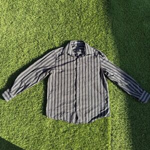 Claiborne Mens Modern Fit Striped Long Sleeve Button Up Shirt Black White Large